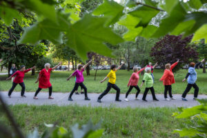 A Silver Boom produkció résztvevői egy park sétányán táncmozdulatokkal hívják fel a figyelmet a 65 év feletti nők társadalmi láthatatlanságára. A képen nyolc nő látható színes pólókban (kék, piros, zöld, sárga, rózsaszín) és fekete nadrágban. Felemelt karjaikkal egymás mögött egy enyhén ferde, függőleges vonalat formáznak. Körülöttük a park zöldje és a fák lombjai keretezik a jelenetet.