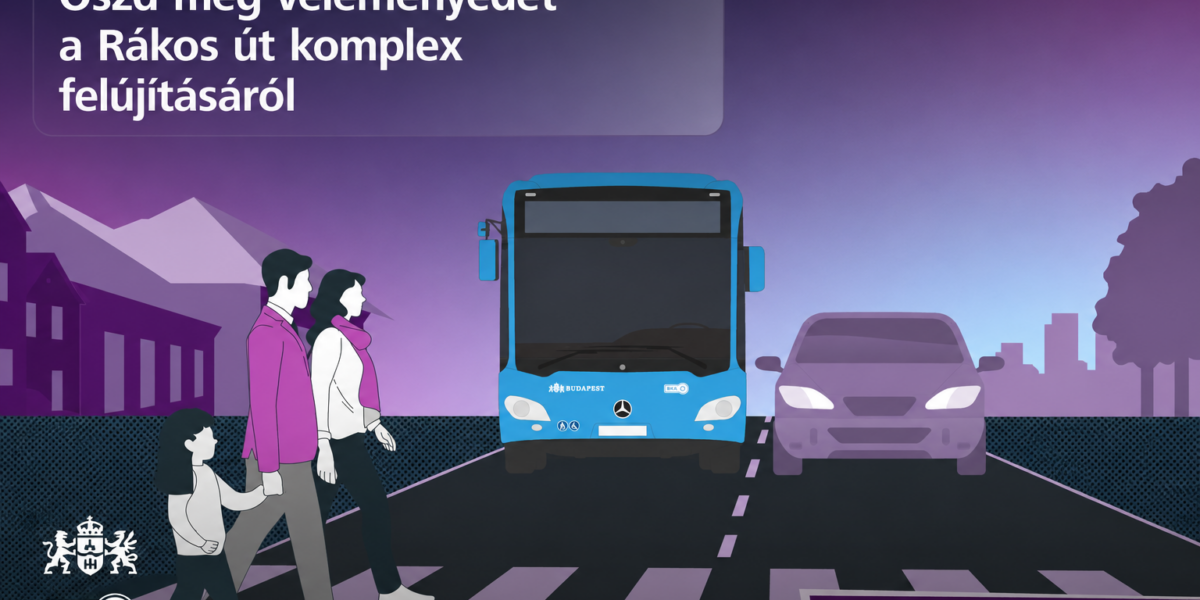 Grafika: lila árnyalatú, stilizált városi plakát. Az előtérben egy család – két felnőtt és egy gyermek – zebrán kel át. Velük szemben egy kék autóbusz, mellette egy személyautó halad az úton. Felül nagy fehér betűkkel ez olvasható: „Oszd meg véleményedet a Rákos út komplex felújításáról”. Alul a BKK és Budapest logói, valamint a szlogen: „Neked fejlesztjük a várost”. A grafika a közlekedésfejlesztésről és a gyalogosbarát városi környezetről szóló lakossági véleménynyilvánításra hívja fel a figyelmet.